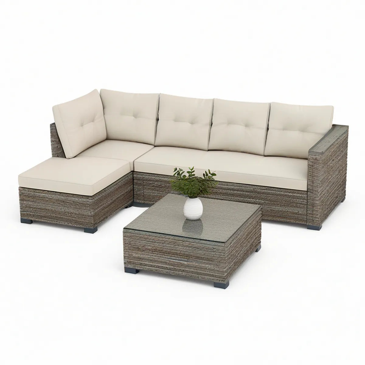 Gartenlounge Ecksofa mit linkem Ottomane und Couchtisch, Beige/Graubraun, 218 x 140 x 63 cm