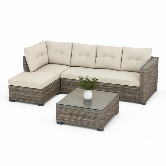 Gartenlounge Ecksofa mit linkem Ottomane und Couchtisch, Beige/Graubraun, 218 x 140 x 63 cm