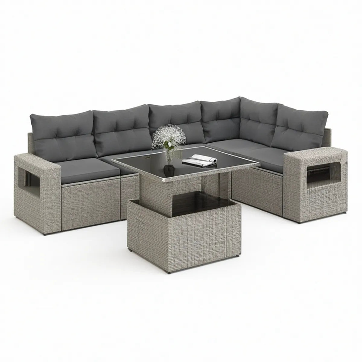 L-förmige Polyrattan-Sitzgruppe 250 × 250 × 70 cm in Grau/Anthrazit mit Glastisch