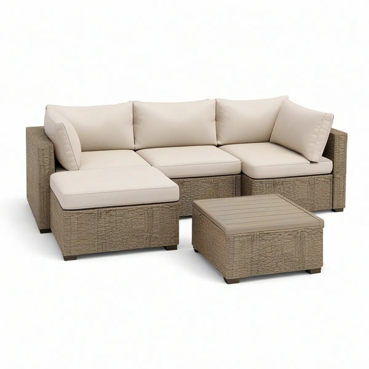 L-förmige Loungegruppe aus PE-Rattan in Taupe und Beige mit Couchtisch, 215 x 75 x 65 cm