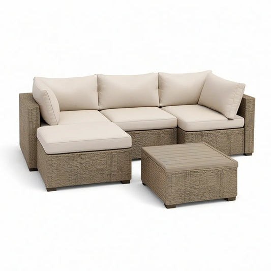 L-förmige Loungegruppe aus PE-Rattan in Taupe und Beige mit Couchtisch, 215 x 75 x 65 cm