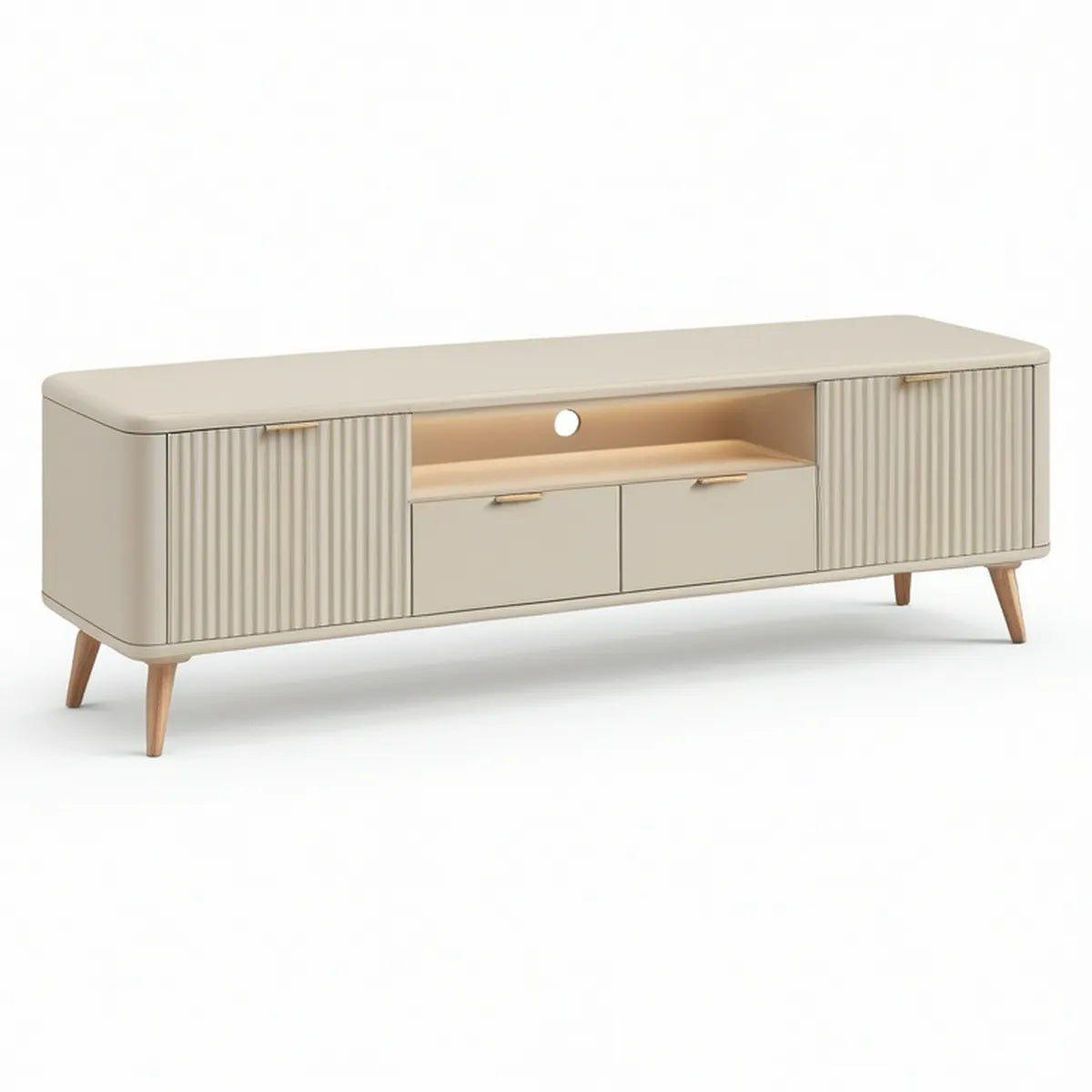 Fernsehtisch mit 2 geriffelten Türen, 2 Schubladen und offenem Fach, 160 x 40 x 55 cm, Creme/Naturholz/Gold