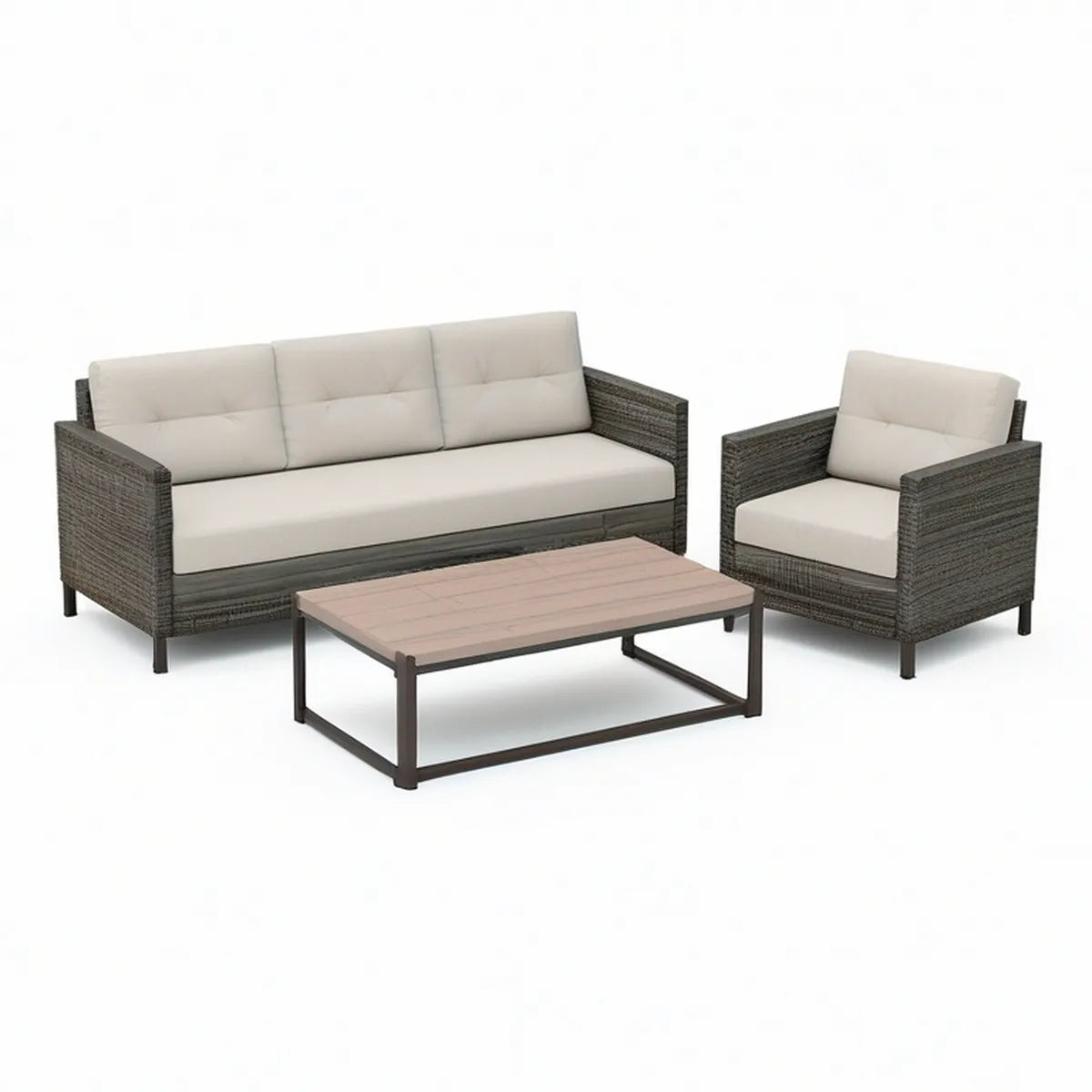 4-teiliges Loungeset mit 3er-Sofa, Sessel und Couchtisch, Dunkelgrau/Beige/Hellbraun, Sofa 190 × 75 × 75 cm