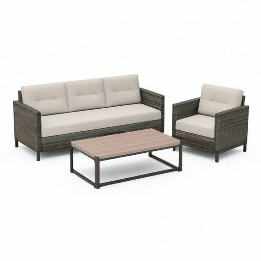 4-teiliges Loungeset mit 3er-Sofa, Sessel und Couchtisch, Dunkelgrau/Beige/Hellbraun, Sofa 190 × 75 × 75 cm