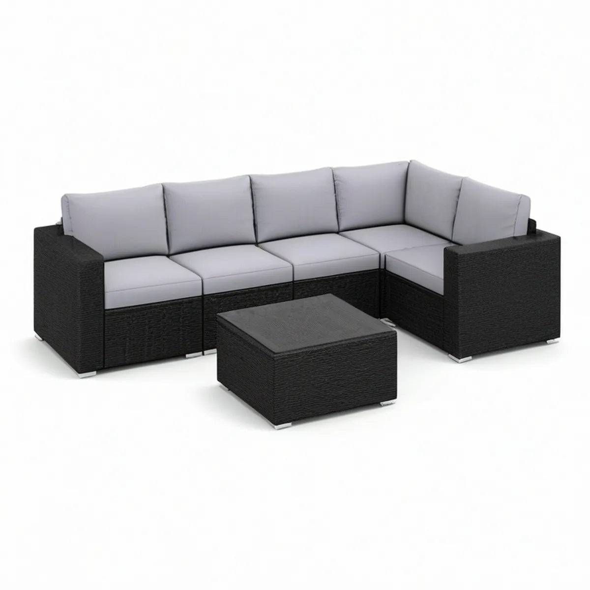 6-teiliges Gartensofa-Set in L-Form, 265 x 195 x 65 cm, PE-Polyrattan Schwarz/Hellgrau mit Couchtisch