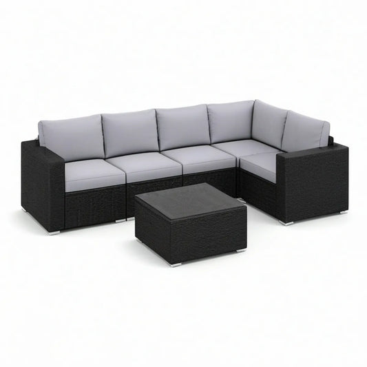6-teiliges Gartensofa-Set in L-Form, 265 x 195 x 65 cm, PE-Polyrattan Schwarz/Hellgrau mit Couchtisch
