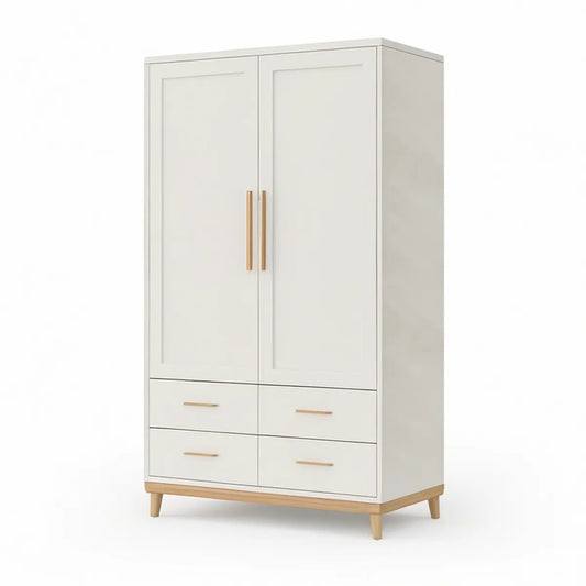 Kleiderschrank 80 x 40 x 180 cm mit 2 Drehtüren und 4 Schubladen, Weiss/Natur