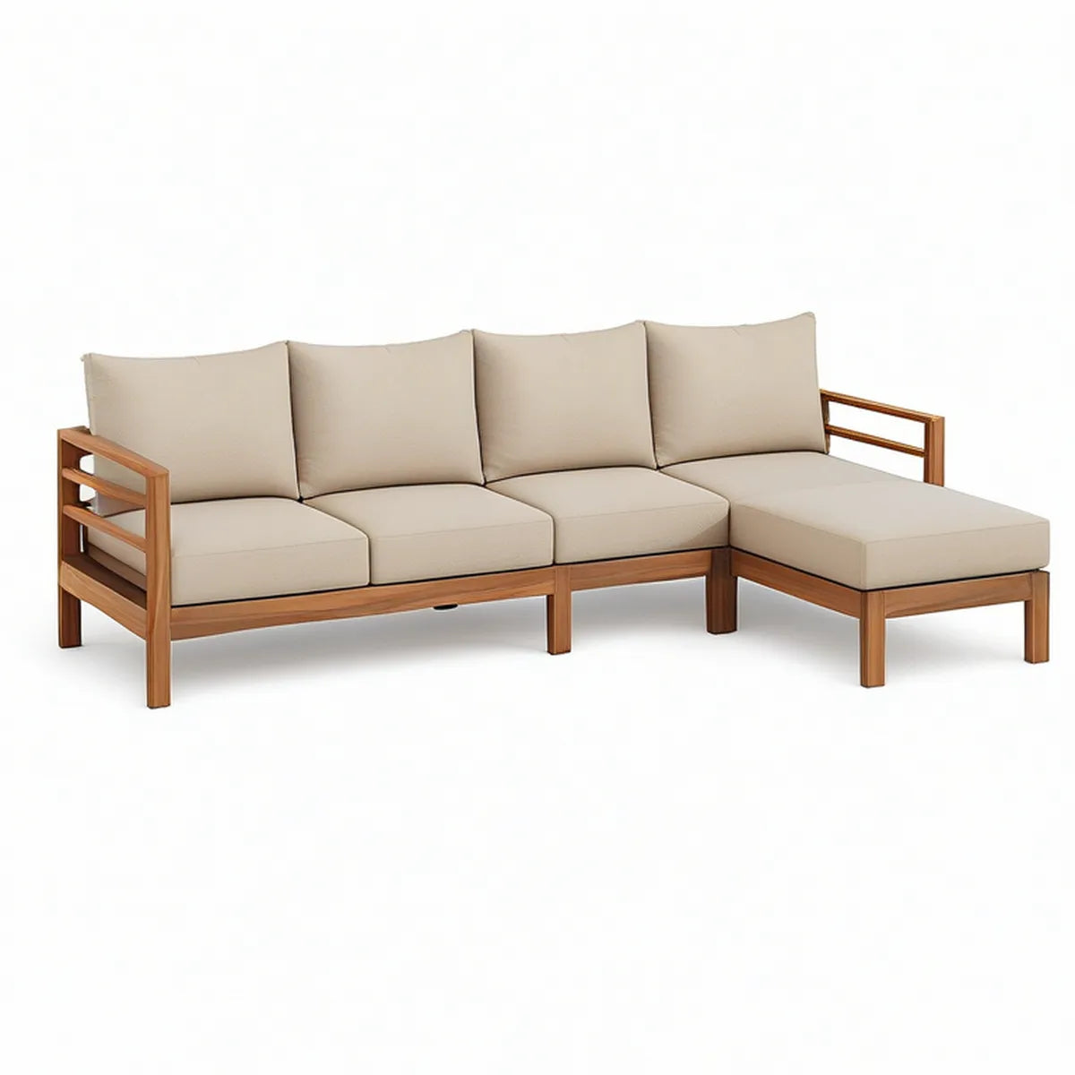 4-Sitzer Ecksofa mit Recamiere aus Akazien-Massivholz, 235 x 150 x 75 cm, Braun/Beige