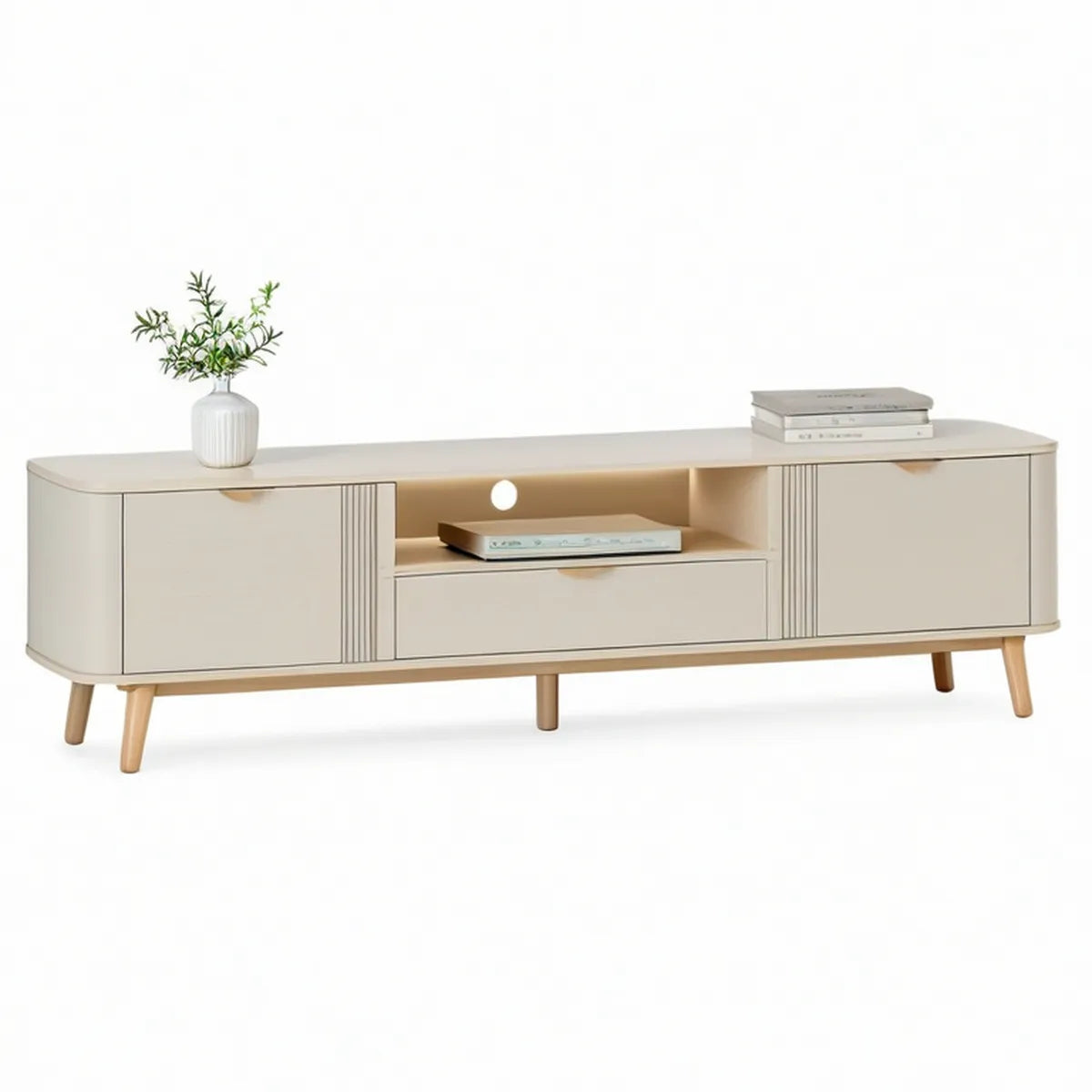 TV-Lowboard 180 x 40 x 50 cm mit 2 Türen, 1 Schublade und offenem Fach, Creme/Naturholz