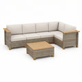 Gartenlounge-Ecksofa in L-Form mit Couchtisch, Polyrattan und Akazienholz, Beige/Graubraun/Naturbraun, 230 × 230 cm
