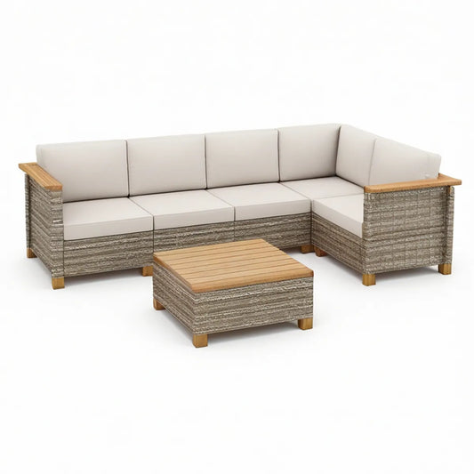 Gartenlounge-Ecksofa in L-Form mit Couchtisch, Polyrattan und Akazienholz, Beige/Graubraun/Naturbraun, 230 × 230 cm