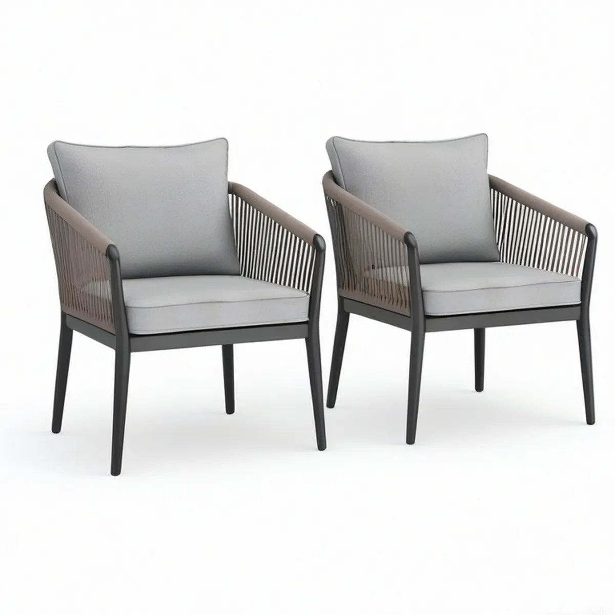 2er-Set Gartenstühle mit Armlehnen, Aluminium und Seilgeflecht, Grau/Braun/Schwarz, 61 x 63 x 82 cm