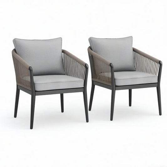 2er-Set Gartenstühle mit Armlehnen, Aluminium und Seilgeflecht, Grau/Braun/Schwarz, 61 x 63 x 82 cm