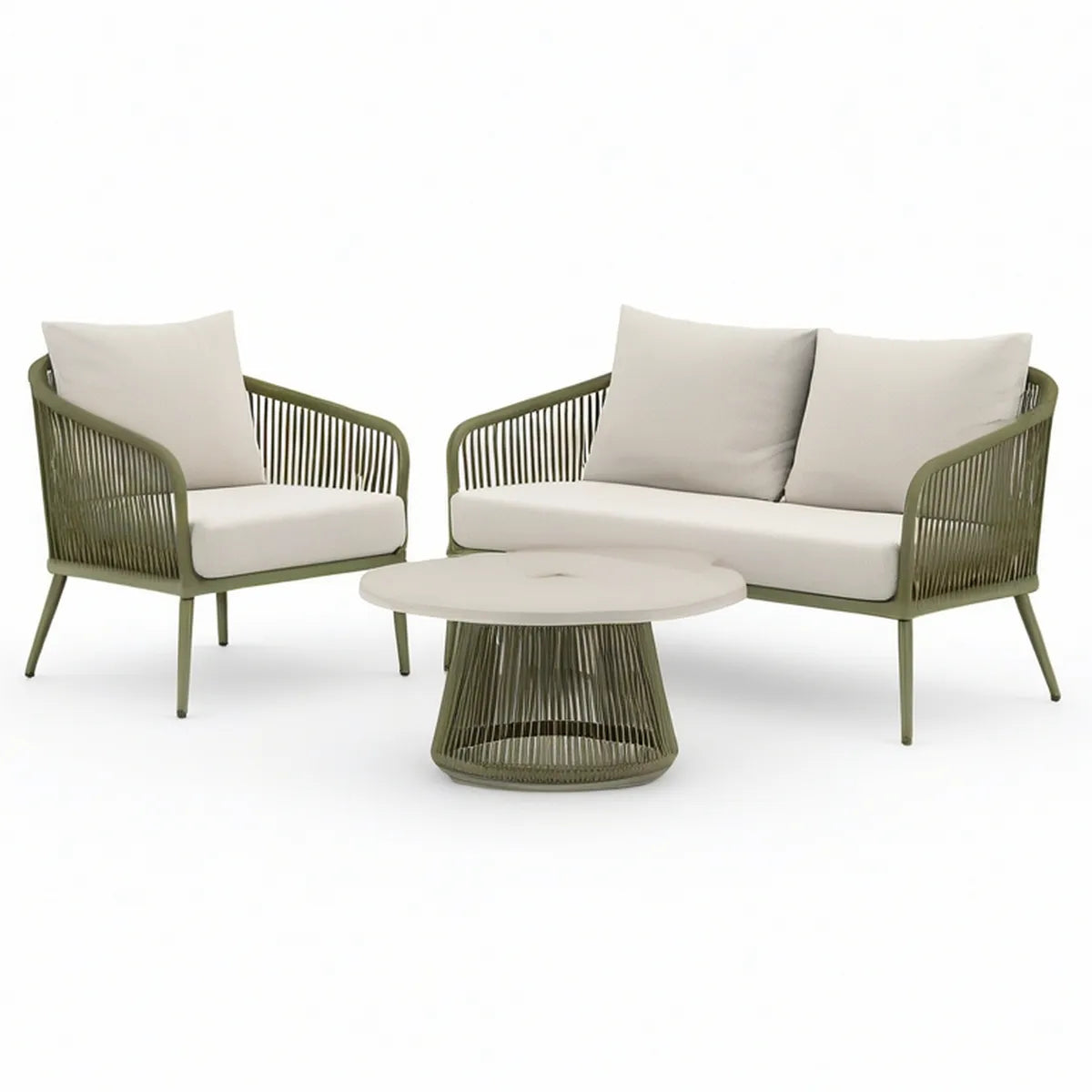 Garten-Lounge-Set Olivgrün/Creme mit 2-Sitzer-Sofa, Sessel und rundem Tisch, Sofa 140 x 75 x 78 cm