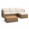 3-teiliges Gartenlounge-Set in L-Form aus PE-Geflecht und Akazienholz, Naturbraun/Beige, 220 × 150 cm