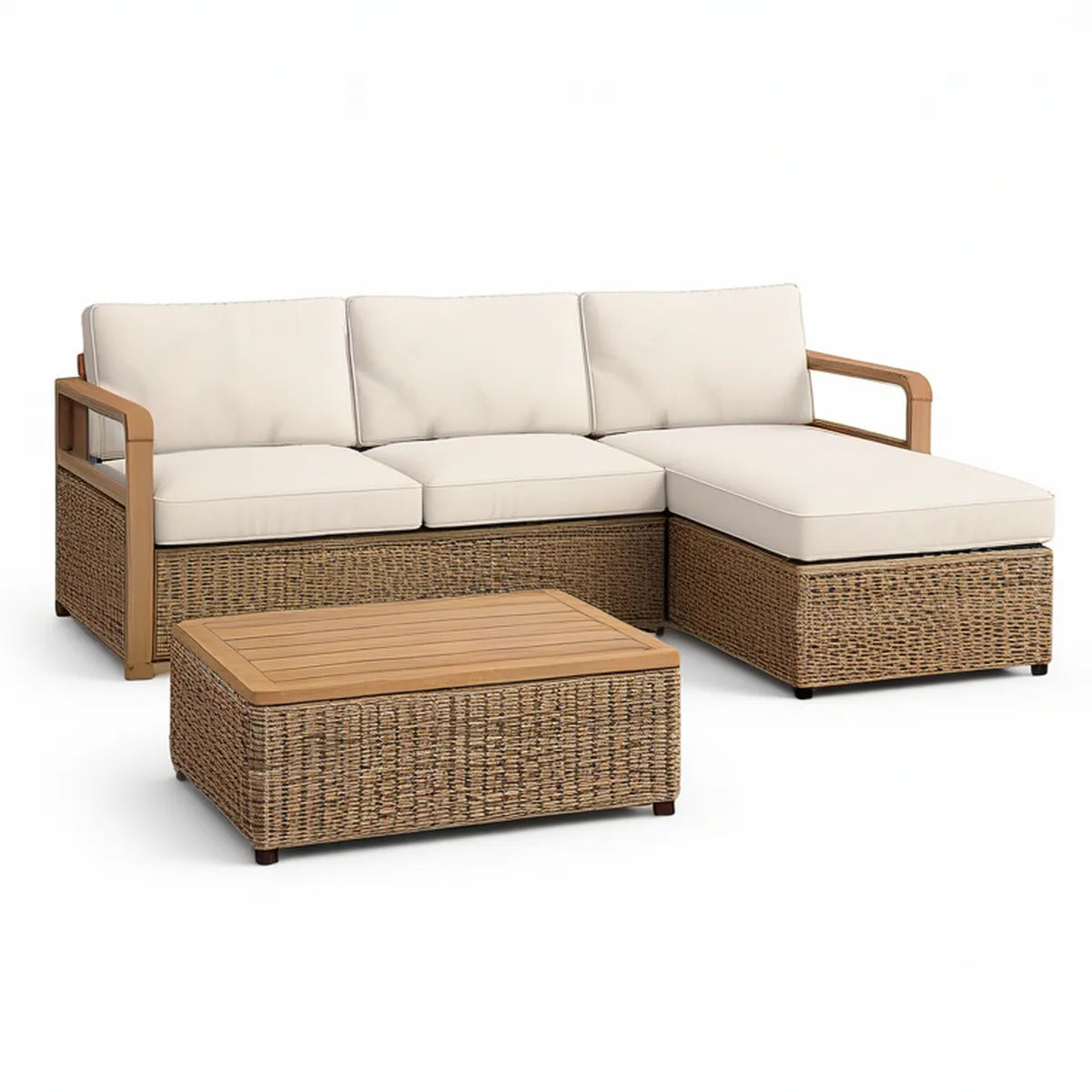 3-teiliges Gartenlounge-Set in L-Form aus PE-Geflecht und Akazienholz, Naturbraun/Beige, 220 × 150 cm