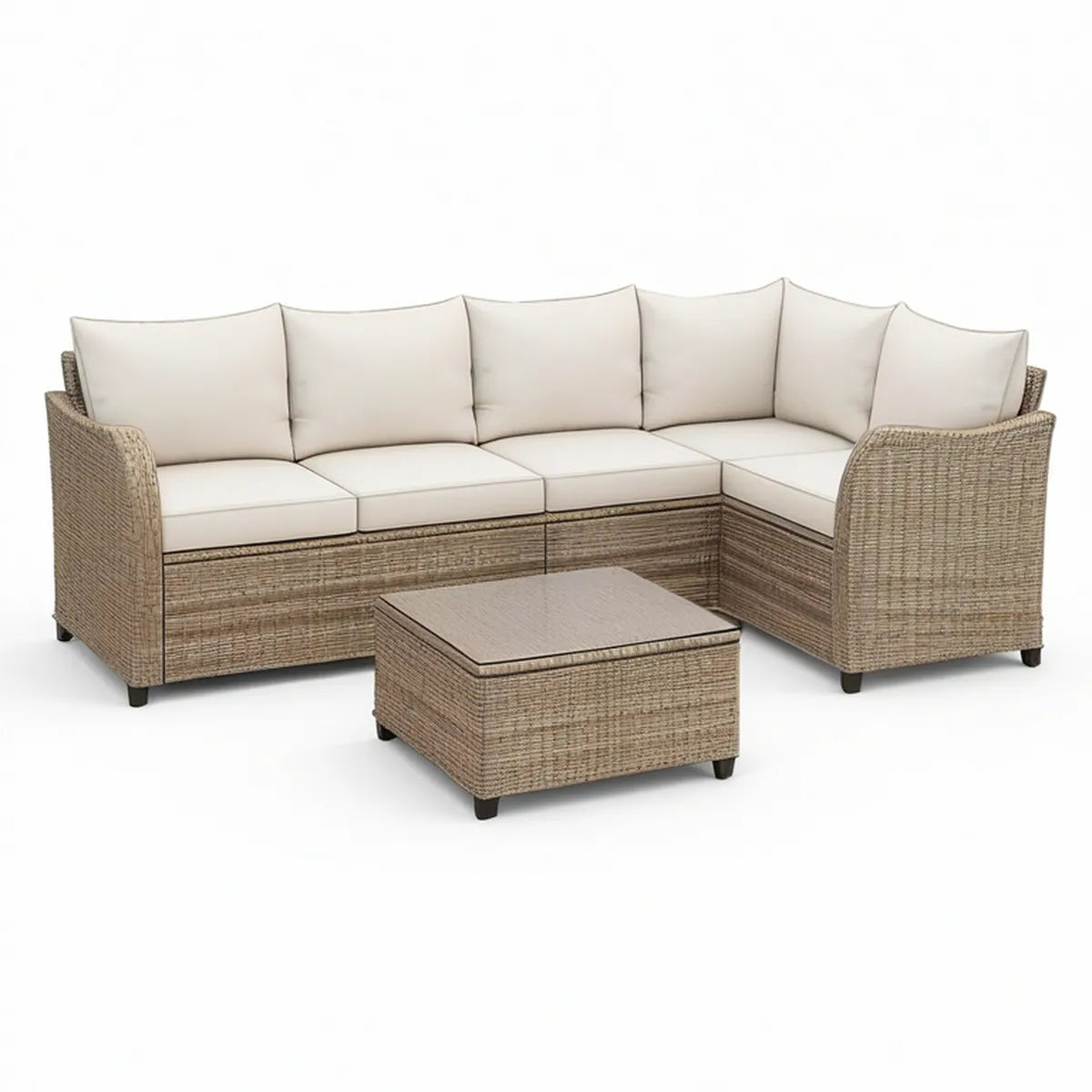 4-Sitzer Gartenlounge in L-Form mit Tisch, Naturbeige/Cremeweiss, 240 x 180 x 85 cm