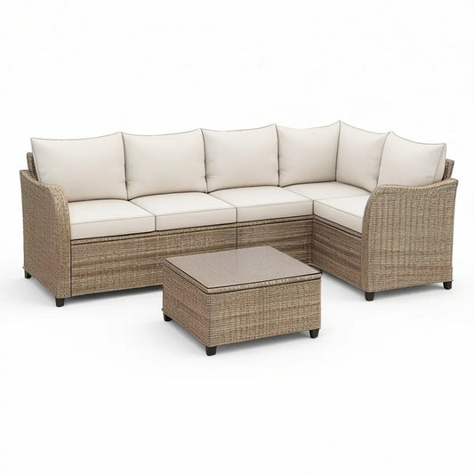 4-Sitzer Gartenlounge in L-Form mit Tisch, Naturbeige/Cremeweiss, 240 x 180 x 85 cm