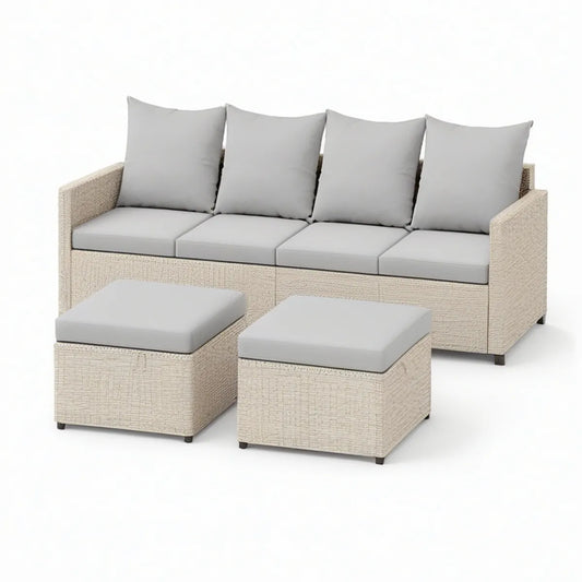 3-teiliges Gartensofa-Set aus Polyrattan, 280 x 80 x 80 cm, Beige/Grau