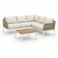 Gartenlounge-Ecksofa-Set in L-Form 240 x 240 cm aus Aluminium und Seilgeflecht, Creme/Weiss, mit Couchtisch