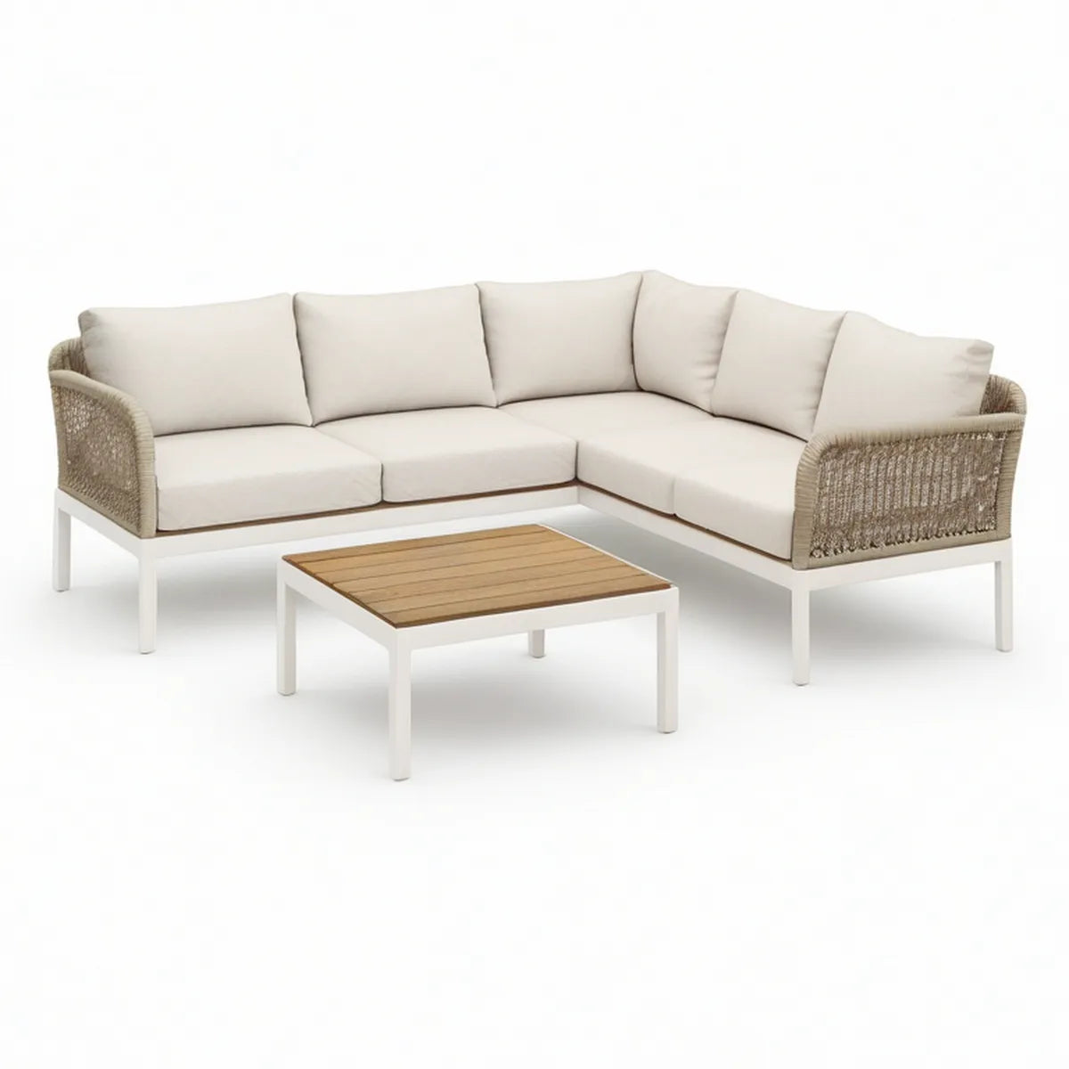 Gartenlounge-Ecksofa-Set in L-Form 240 x 240 cm aus Aluminium und Seilgeflecht, Creme/Weiss, mit Couchtisch