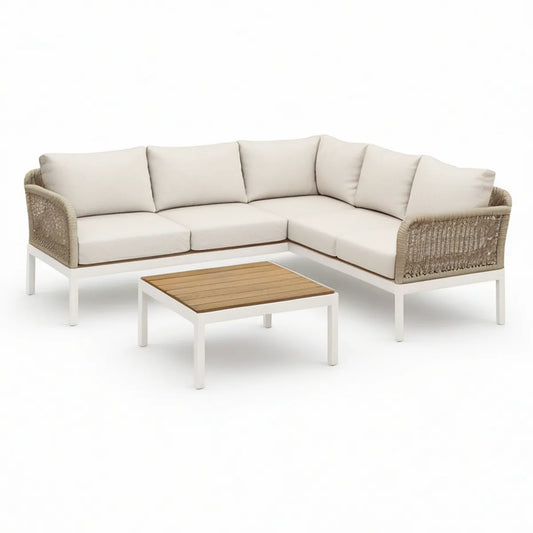 Gartenlounge-Ecksofa-Set in L-Form 240 x 240 cm aus Aluminium und Seilgeflecht, Creme/Weiss, mit Couchtisch