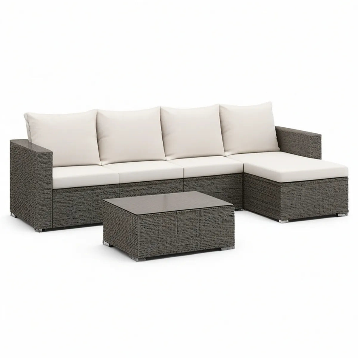 5-teiliges Ecksofa-Set aus PE-Rattan mit Glastisch, Grau/Creme, 200 × 130 × 70 cm