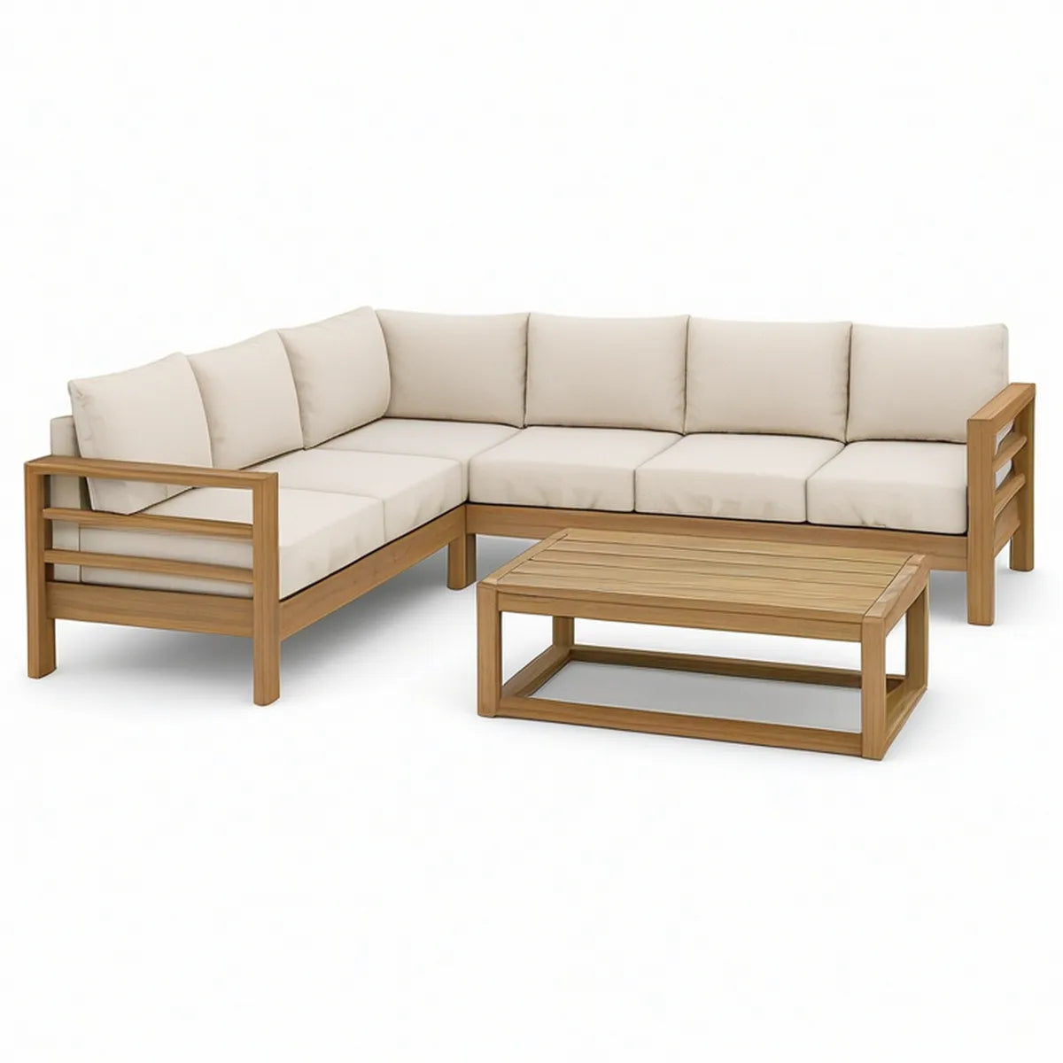 5-teiliges Garten-Loungeset mit Ecksofa und Couchtisch aus Akazienholz, Naturbraun/Beige, 260 x 200 x 78 cm
