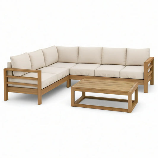 5-teiliges Garten-Loungeset mit Ecksofa und Couchtisch aus Akazienholz, Naturbraun/Beige, 260 x 200 x 78 cm