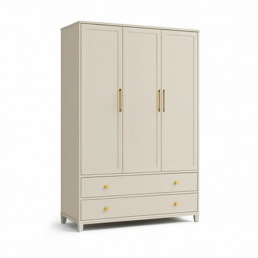 Drehtürenschrank aus MDF in Creme und Gold, 120 x 55 x 200 cm, mit 3 Türen und 2 Schubladen