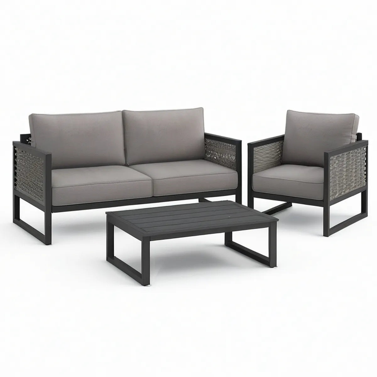 3-teiliges Gartenmöbel-Set in Schwarz/Grau mit 2-Sitzer-Sofa, Sessel und Couchtisch, Sofa 130 x 70 x 76 cm