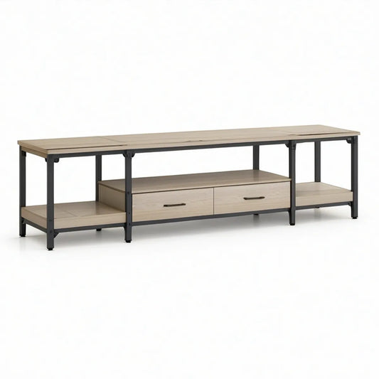 Lowboard mit 2 Schubladen und offenen Ablagen, 180 x 40 x 60 cm, Helle Eiche/Schwarz