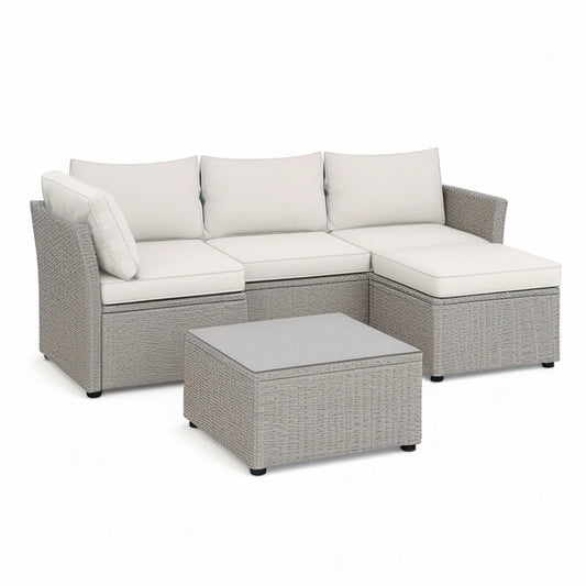 Gartenlounge in L-Form aus PE-Rattan mit Stahlgestell Grau/Cremeweiss, 210 x 150 x 80 cm