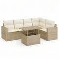 Gartenlounge-Set in L-Form, 5-Sitzer, Polyrattan Beige/Cremeweiss mit höhenverstellbarem Tisch, 220 x 220 cm